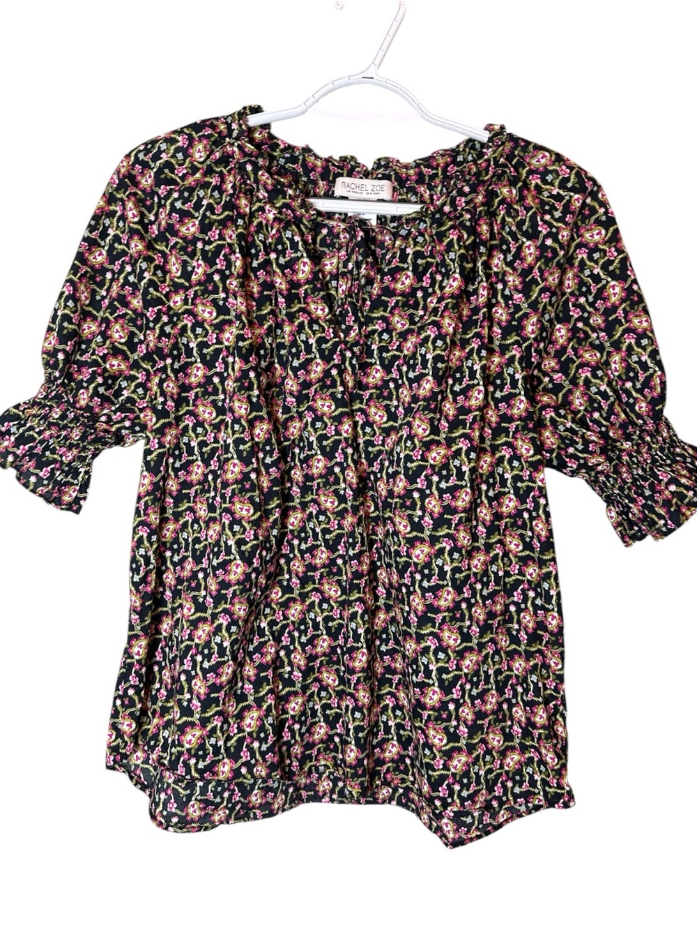 Rachel Zoe Floral Peasant Blouse Size M Black Pink Green Boho Ruffle Top